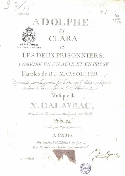 Adolphe et Clara ou Les Deux Prisonniers (Marsollier des Vivetières / Dalayrac)