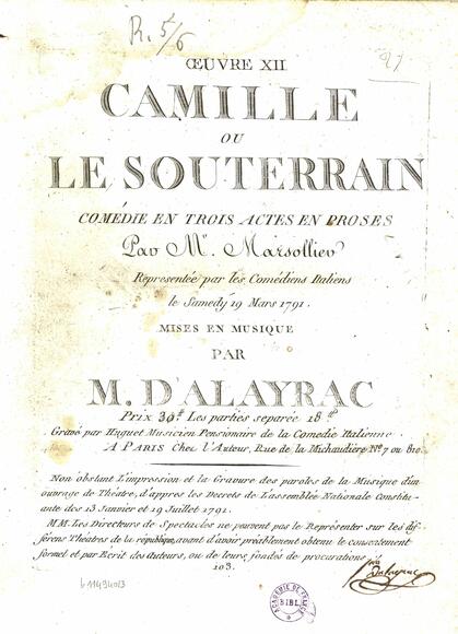 Camille ou Le Souterrain (Marsollier des Vivetières / Dalayrac)
