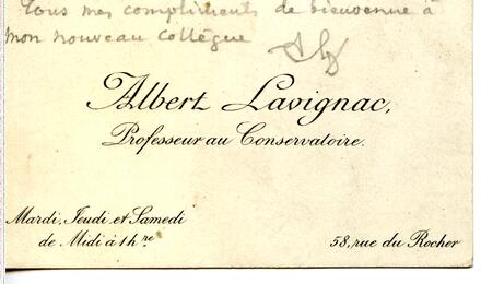 Carte d'Albert Lavignac à Martin-Pierre Marsick