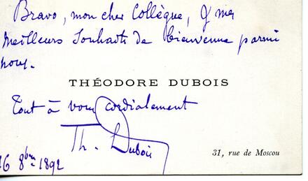 Carte de Théodore Dubois à Martin-Pierre Marsick