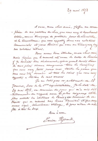 Dédicace d'Émile Pessard à Alphonse-Charles Leduc dans le piano-chant du Char