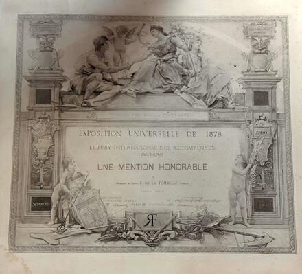 Diplôme de l'exposition universelle de 1878 (La Tombelle)