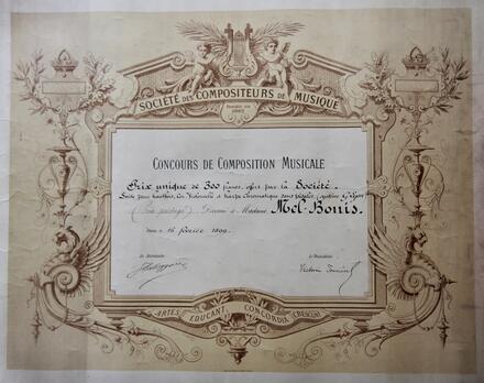 Diplôme de lauréat du concours 1898 de la Société des compositeurs de musique. Mel Bonis