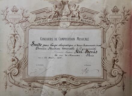 Diplôme de lauréat du concours 1904 de la Société des compositeurs de musique. Mel Bonis