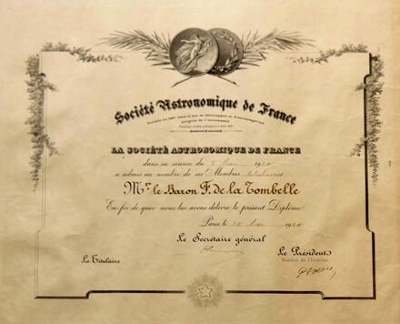 Diplôme de membre titulaire de la Société astronomique de France (La Tombelle)