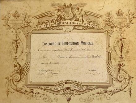 Diplôme du concours de composition musicale de la Société des compositeurs de musique (1888)
