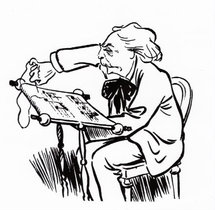 Gabriel Fauré brodant sa partition (caricature)