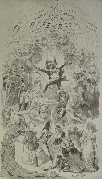 Jacques Offenbach entouré par ses personnages (caricature de Joseph Keppler)