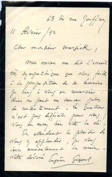 Lettre d'Eugène Gigout à Martin-Pierre Marsick
