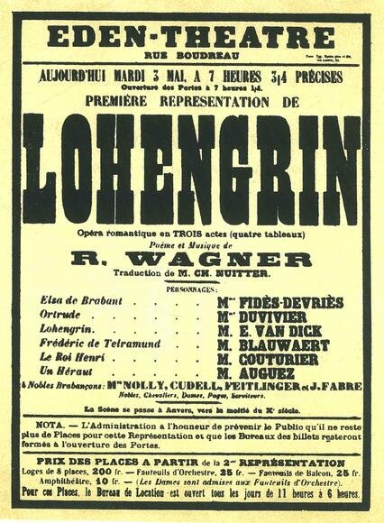 Lohengrin, affiche pour la première représentation à l'Éden Théâtre (Paris)