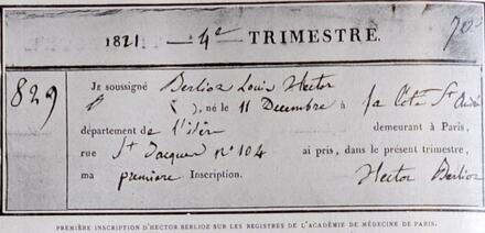Première inscription d'Hector Berlioz sur les registres de l'Académie de médecine de Paris