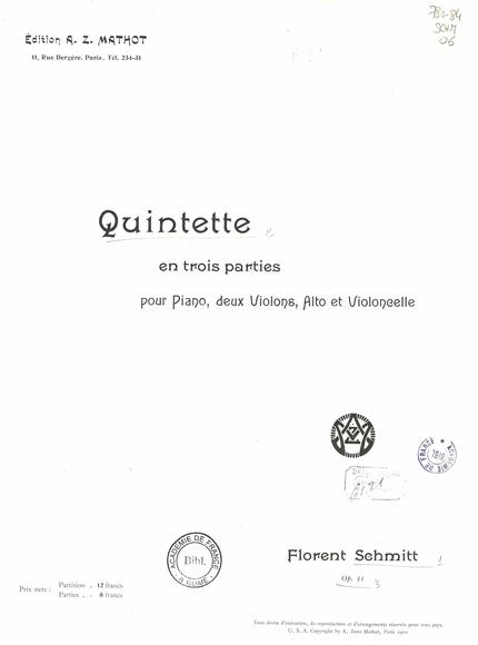 Quintette en trois parties, pour piano, deux violons, alto et violoncelle (Florent Schmitt)