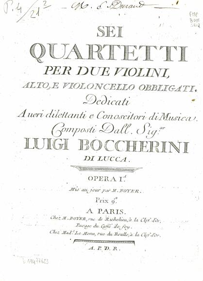 Sei quartetti per due violoni, alto e violoncello obligati (Luigi Boccherini)