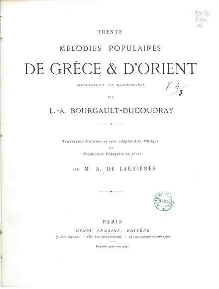 Trente Mélodies populaires de Grèce et d'Orient (Lauzières-Thémines / Bourgault-Ducoudray)